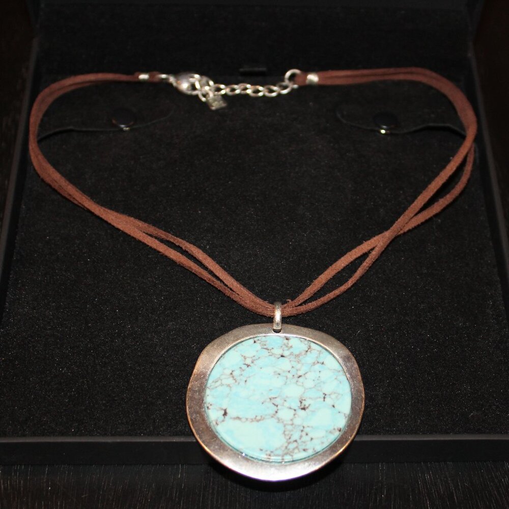 Boho Necklace- Silver & turquoise colored pendant on a leather strand-HLM SOHO